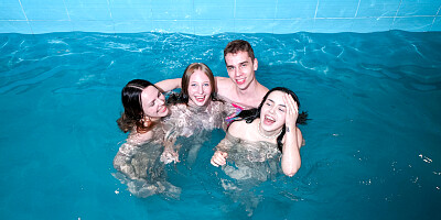 Three girls in a sauna are getting fucked by a hunk