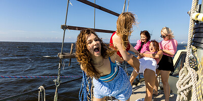 Five Cute Babes In Group Lesbian Sex On The Boat Deck