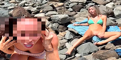 Sex and Blowjob in Public on the Beach from a Blonde and a Brunette