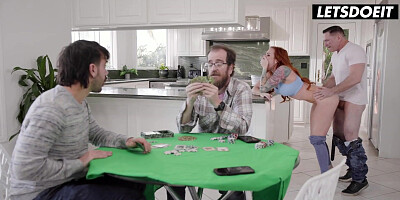 Redhead Performs Oral Under Table Before Counter