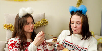 Naughty Brunettes Add Joy to Christmas Lesbo Sex with Dildo