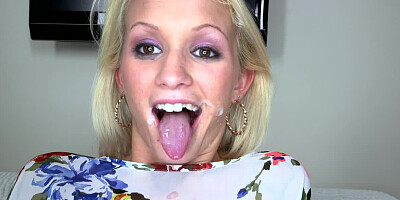 A blonde that loves to swallow cum gets naked and she bends over