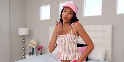 Brunette wears a funny outfit while masturbating hard