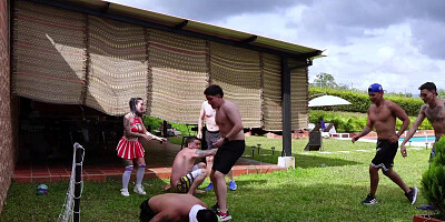 Cheerleader in group encounter with six men
