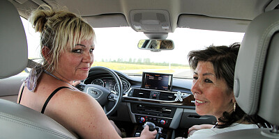 Two mature babes tag team a young stud by the roadside