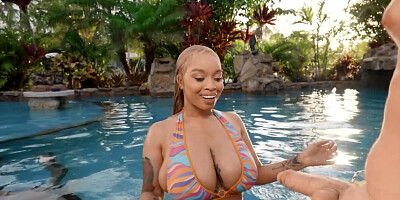 Full-bosomed ebony babe is getting fucked by the pool