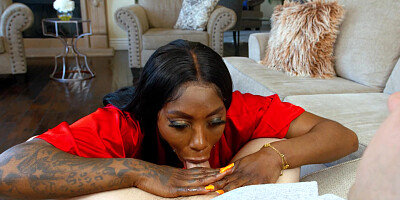 Tattooed black MILF Ebony Mystique fucks young dude in bed