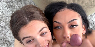 Molly Little and Bianca Bangs pleasuring lucky dude in POV