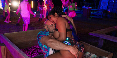 Thick ebony beauty gets used hard around the neon-lit party