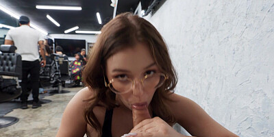 Nerdy brunette gets fingered and fucked at the barbershop