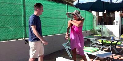 Busty grandma Molly Maracas fucks a guy near the pool