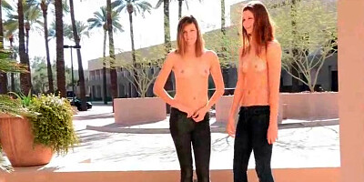 Hot girls Romi and Raylene playing porn in public