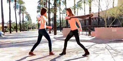 Hot girls Romi and Raylene playing porn in public
