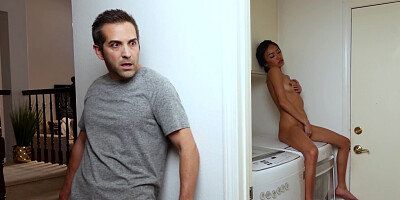 Asian chick goes down on her stepdad to suck his pecker