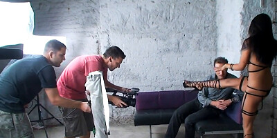 Sagging breasts brunette gets drilled on the set, mental