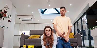 Nerdy redhead chick with glasses gets fucked by her roommate's friend