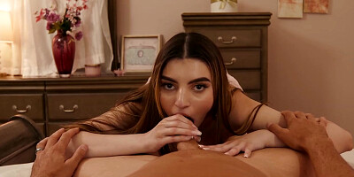 Redhead teen Julia James sucks and rides daddy's cock in POV