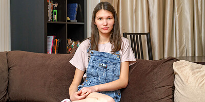 Russian in overalls strips to shows off her tiny tits an pussy