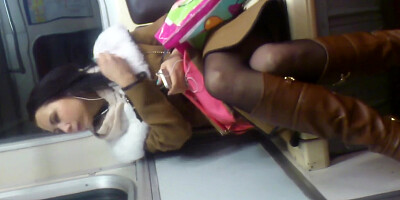flashing and cumshot for sexy teen girl in stockings at subway car
