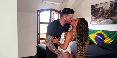 Curly-haired ebony with tattoos gets fucked with her panties on