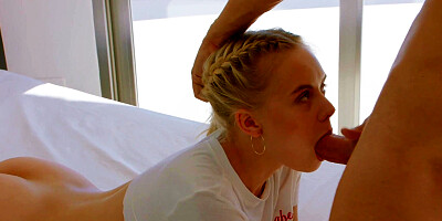 Pigtailed blondie Emily Cutie gets anally fucked early in the morning