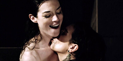 Lesbian video where brunette and tattooed MILF have sex in shower