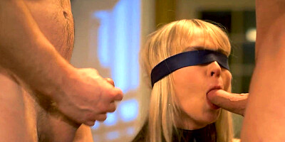 Blindfolded blondie Lilly Bell gets spit roasted