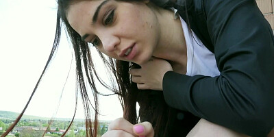 Brunette Eurpean babe gives head and gets banged in public