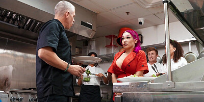 Pink-haired whore Lily Lou gets fucked hard in the kitchen