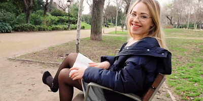 Beautiful bookworm blows thick dick outdoors