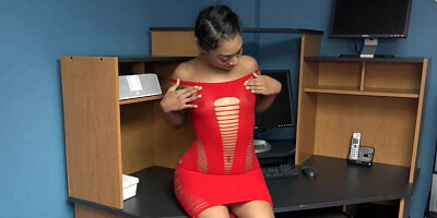 Sweet Latina in sexy red dress blows big cock in POV