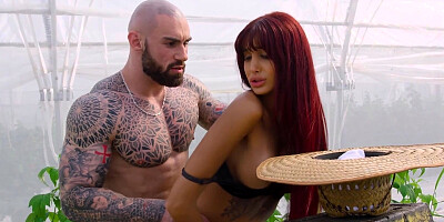 Busty redhead hottie Mimi Malibu pleasures her tattooed boyfriend outdoors