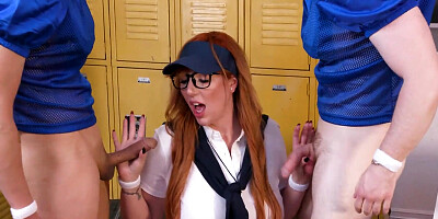 Busty redhead football coach pleasures 2 cocky guys in the locker room