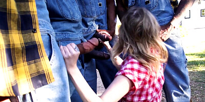 Miniature blondie Coco Lovelock gets gangbanged outdoors