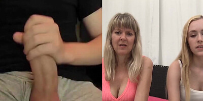 A mom and a daughter are watching a dude jerking off
