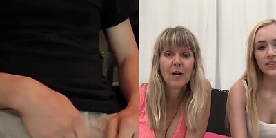 A mom and a daughter are watching a dude jerking off