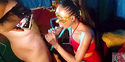 Neon Glasses Ebony Deepthroat Queen Worships Thick Cock