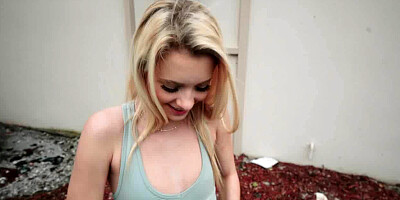 Slim shy blonde works cock outdoors