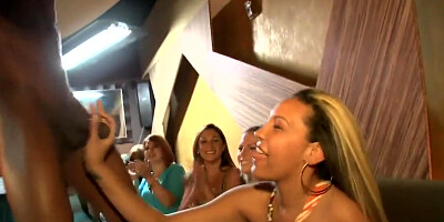 Wild party babes jerking stripper at party