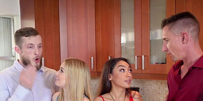 Two baddies and their stepdaddies in a foursome vid