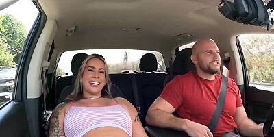 Sexy blonde gets into her friend's car to get banged