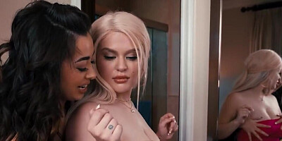 Big busted brunette gets her body caressed by her blonde fan