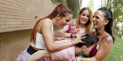 Naughty young voyeur used by three ladies that catch him spying