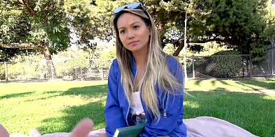 Voluptuous Asian blonde has no problem fitting a huge dick
