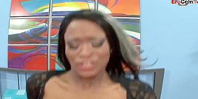 Skinny Ebony In Over Knee Leather Boots Enjoying The Big Dick
