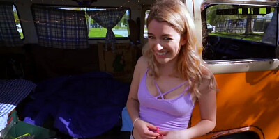 Blonde chick is being fucked in the hippie style van