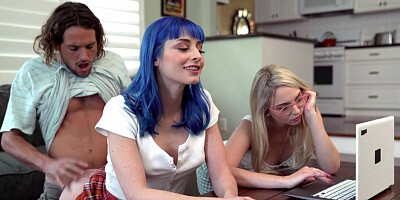 Jewelz Blu and Lily Larimar tease him until they please him
