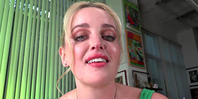 Blonde girl with a pretty face orgasming on camerae