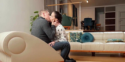 Brunette looks cute with his dick in her soft hands