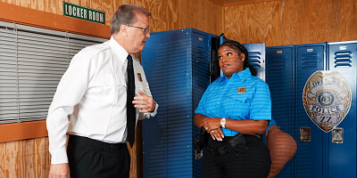 Curvy officers Bosnia and Jayla have lesbian sex in the locker room
